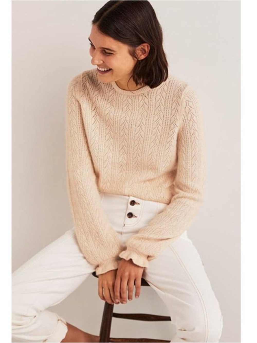 Boden Fluffy Pointelle Cream Knit Sweater US 6